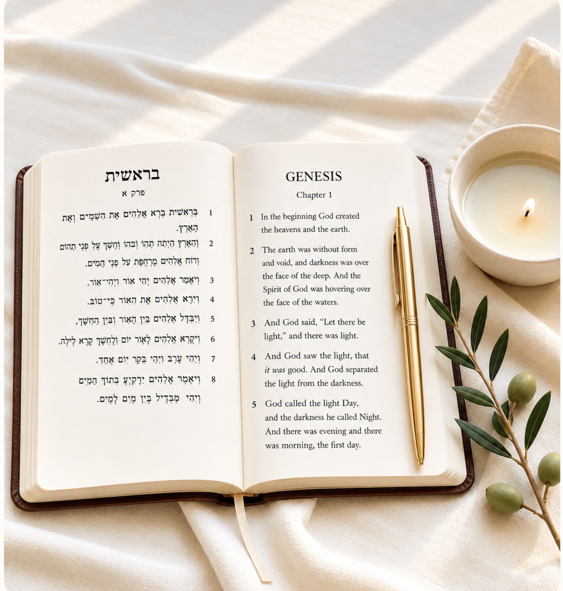 Open prayer journal with olive branch and candle
